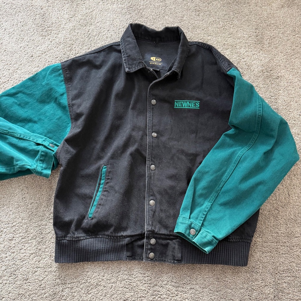 NEWNES Mens Black‎ Teal Colorblock Denim Jacket Size Large - Picture 7 of 10